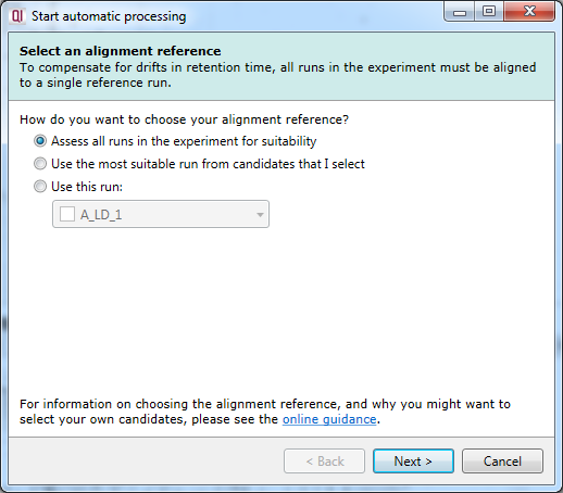 The Select an alignment reference dialog, the first stage of automatic analysis setup