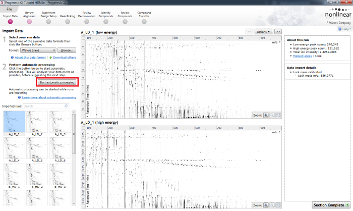 The Start automatic processing selection button at the Import Data stage.