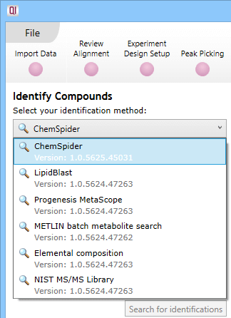 The drop-down selection dialog at Identify Compounds