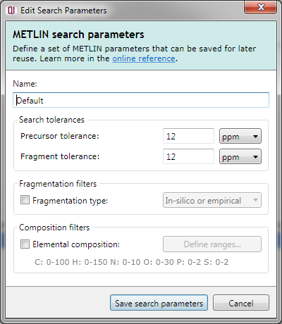 The Waters® METLIN™ MS/MS Library for Progenesis QI search parameters dialog