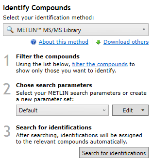 The METLIN™ MS/MS Library search method, with an example file and parameters chosen.