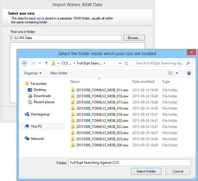 Selecting the Waters .RAW folders