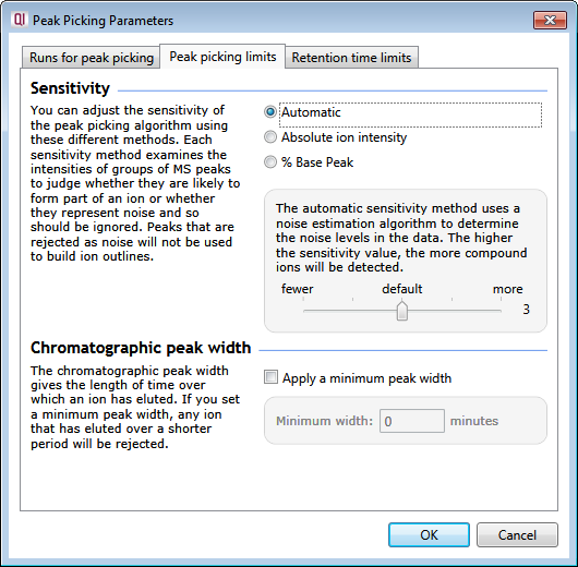 Peak picking limits in the Peak Picking Parameters window