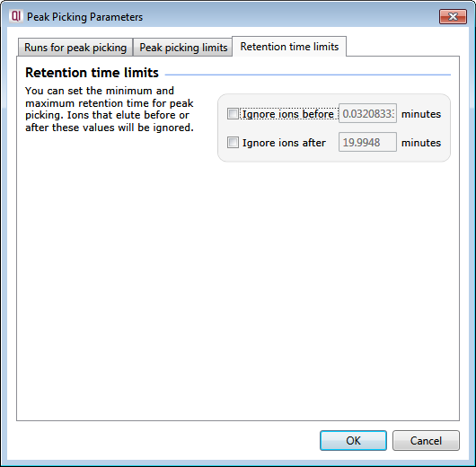 Retention time limits in the Peak Picking Parameters window
