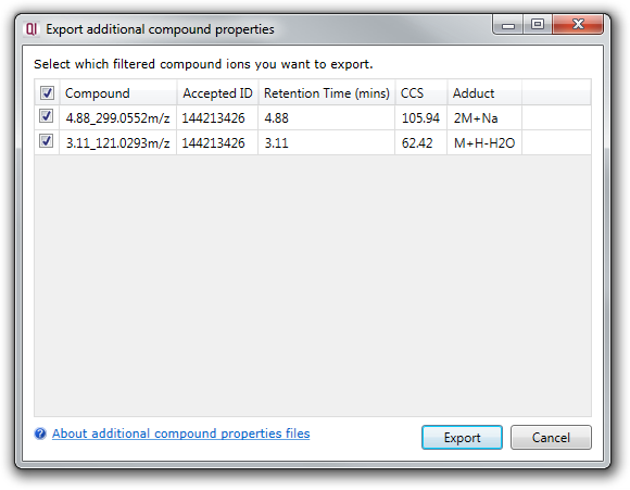The export additional compound properties dialog