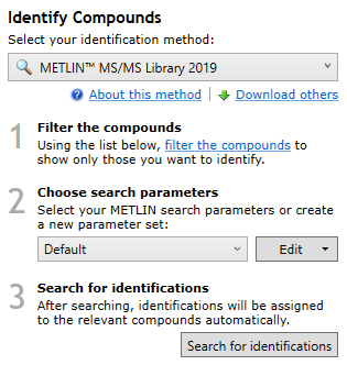 The METLIN™ MS/MS Library 2019 search method, with an example file and parameters chosen.