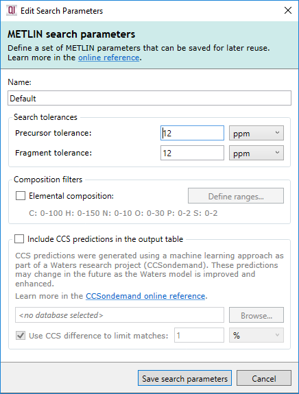 The Waters® METLIN™ MS/MS Library 2019 for Progenesis QI search parameters dialog