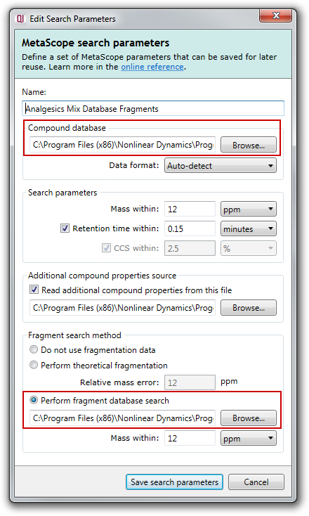 MetaScope search parameters with fragment database search parameters