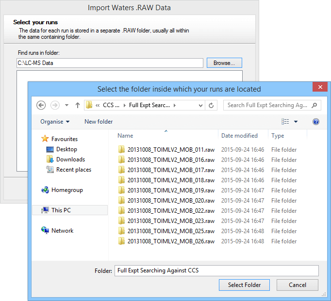 Selecting the MassLynx .RAW folders