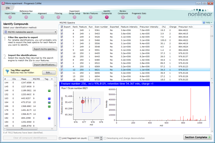 The Identify Compounds screen when an ms/ms identification method is selected