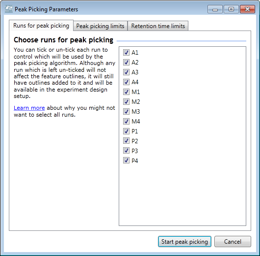 The Peak Picking Parameters window