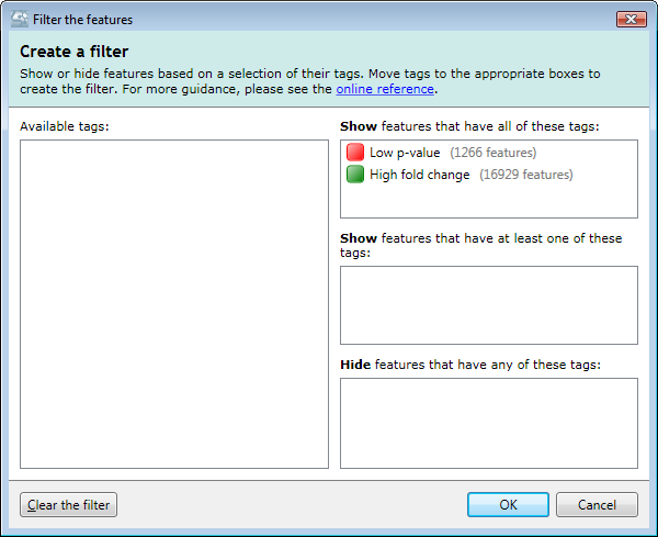 The filter showing only those that have a low p-value and a high fold change.